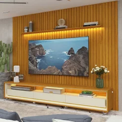 Rack com Painel Ripado para TV até 90 Polegadas com LED 100% MDF 260CMX250CM 3 Gavetas com Rodízios Nobre Requinte
