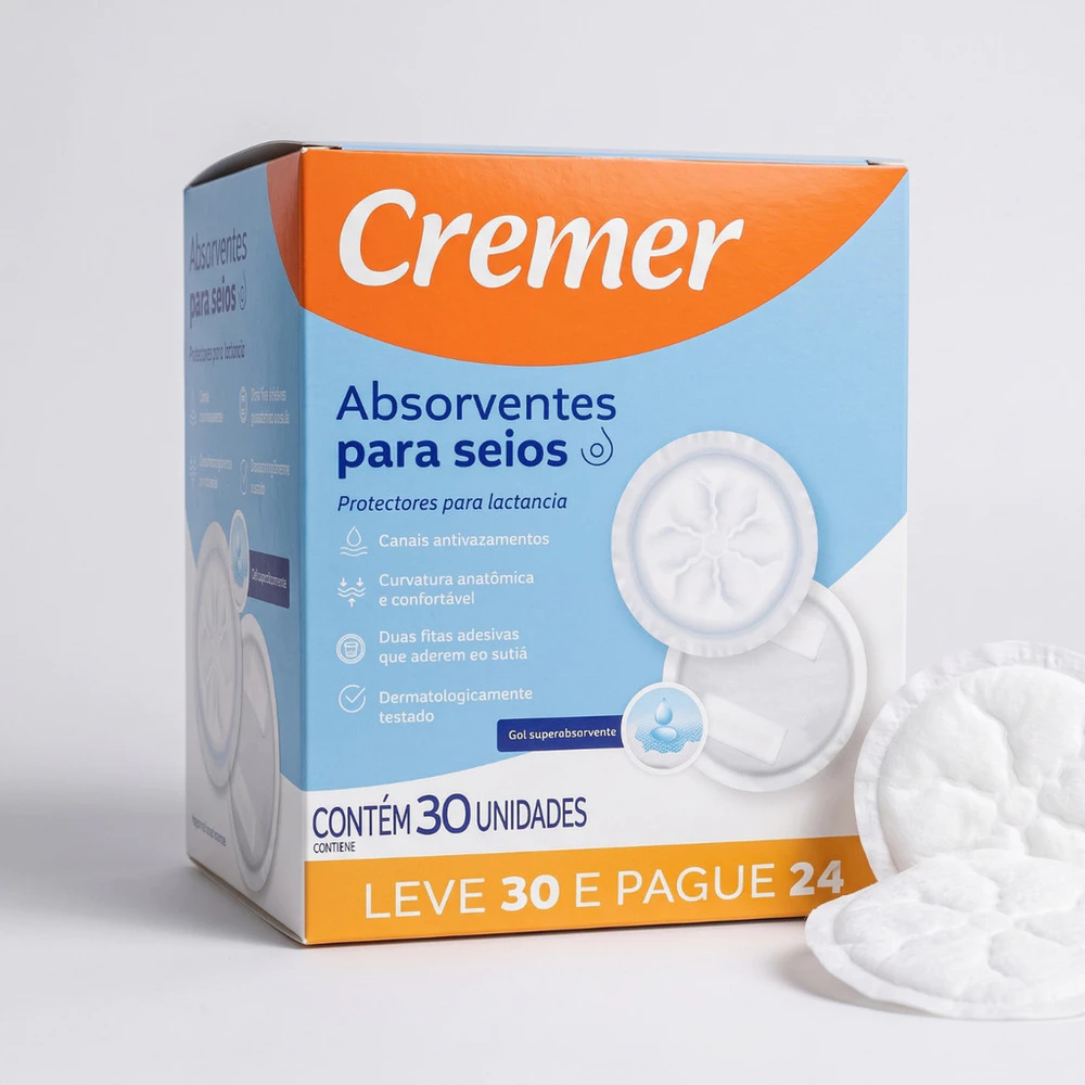 Kit 30, 60 ou 90 Unidades Absorvente para Seios Descartável Toque Suave Cremer