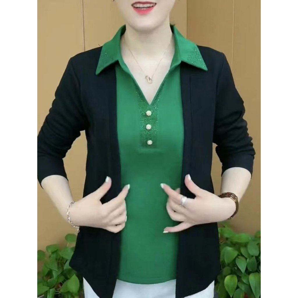 Mãe primavera roupas falsas de duas peças camisas de manga comprida estilo ocidental temperamento feminino de meia-idade