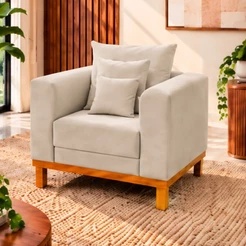 Poltrona Sala Premium Beny Suede Bege Com Almofadas Decorativas Madeira Estofados