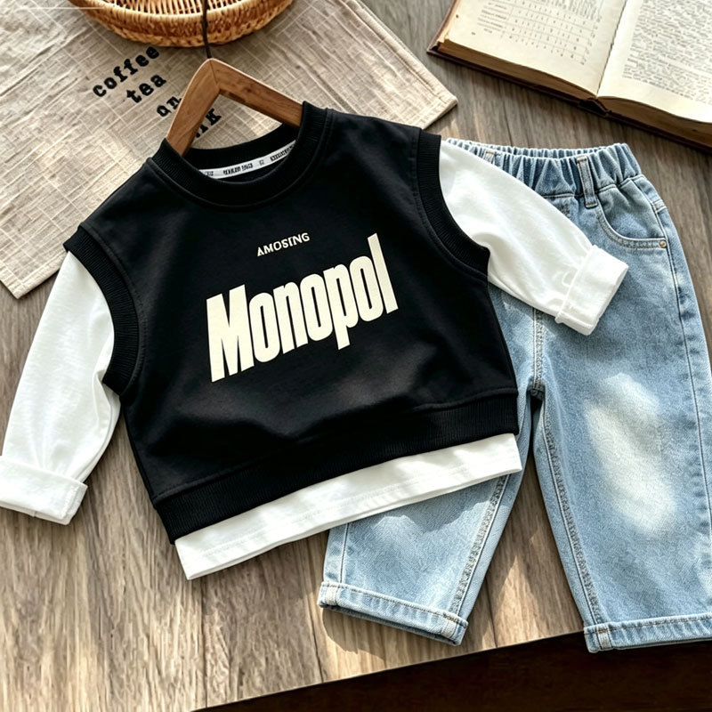 Meninos camiseta de manga comprida primavera outono novo estilo médio crianças pequenas versão coreana carta impressão c