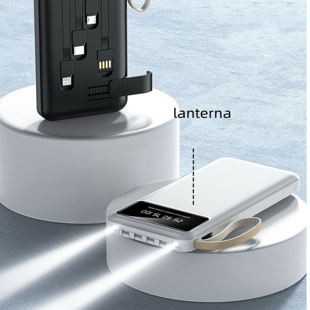 Carregador Power Bank Portátil 20000mah Universal COM Saida 4 Cabos suporte lanterna