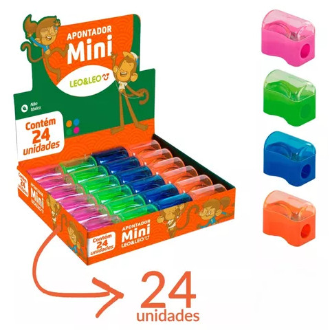 Kit 24 Apontador Escolar Com Deposito Mini Leo Leo Apontador Com Depósito Mini Cestinha Leo & Leo