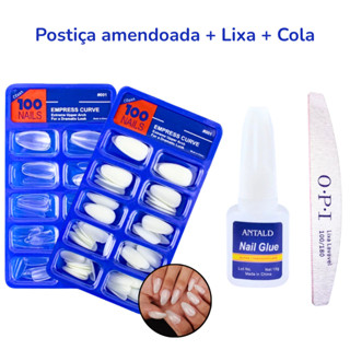 KIT 100 UNHAS POSTIÇAS AMENDOADA ALMOND NATURAL REALISTA + COLA UNHA + LIXA BUMERANGUE UNHA 100 180 em Oferta na Shopee