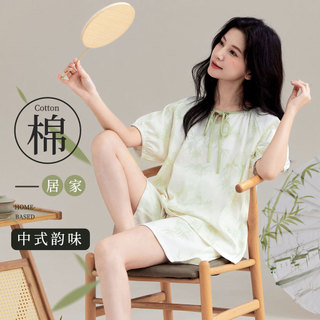 Pijamas femininos algodão puro 100% algodão estilo chinês luz Shorts de manga curta Loungewear terno feminino pode usar 