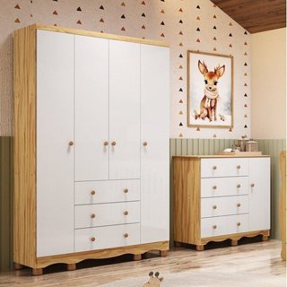 Quarto Infantil com Guarda-roupa 4 Portas e Cômoda 1 Porta 100% Mdf Mimo Espresso Móveis Branco Brilho/Amêndoa em Oferta na Shopee
