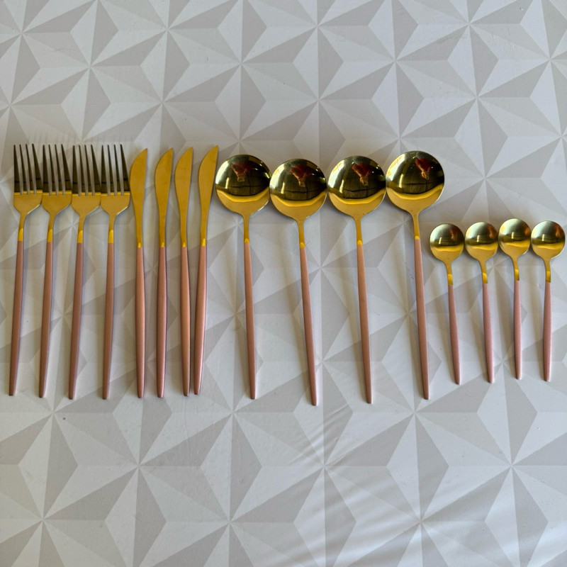 Conjunto de talheres rosa com dourado de inox com 24 peças - ZemMart em Oferta na Shopee