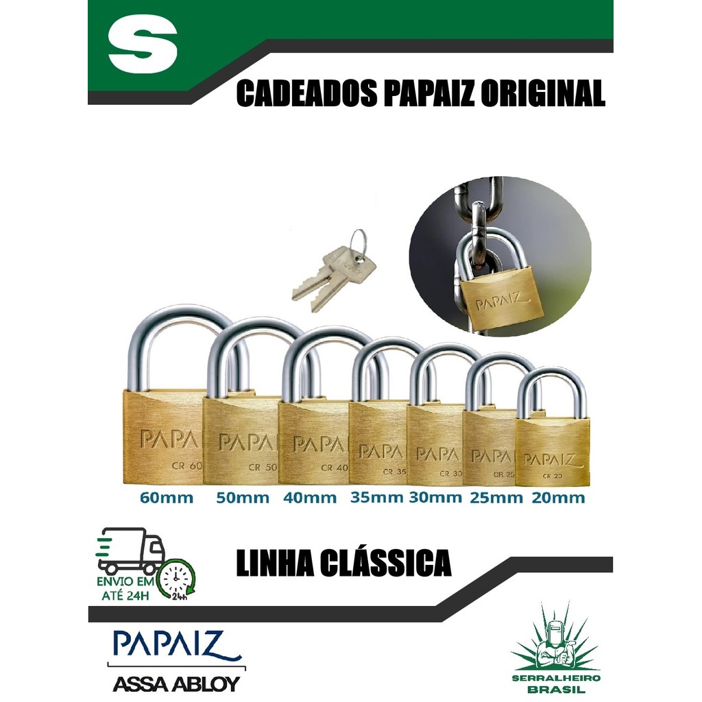 Cadeado Papaiz Linha Clássica Original 20 25 30 35 40 50mm E 60mm