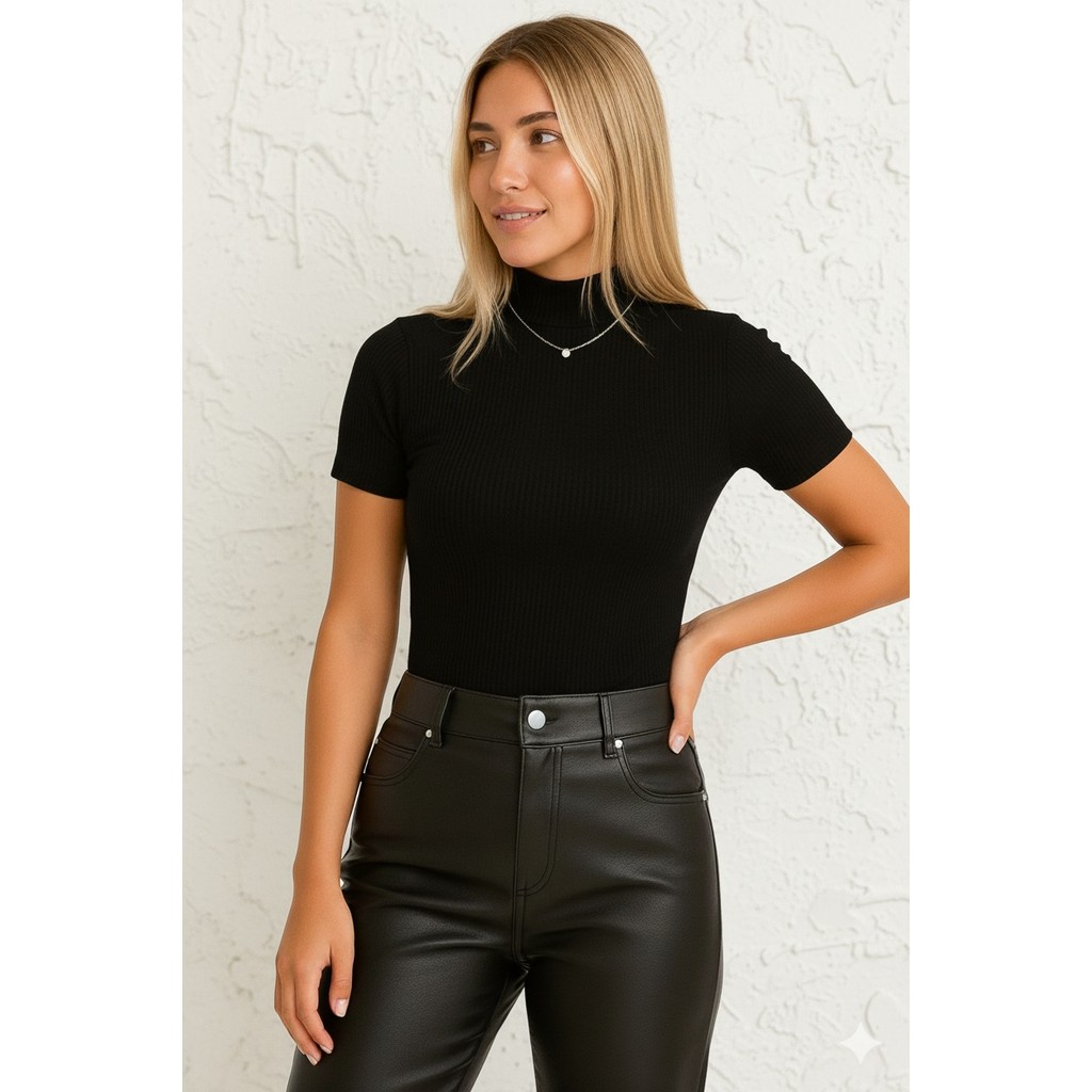blusa feminina moda canelada elastano estica gola alta manga curta moderna