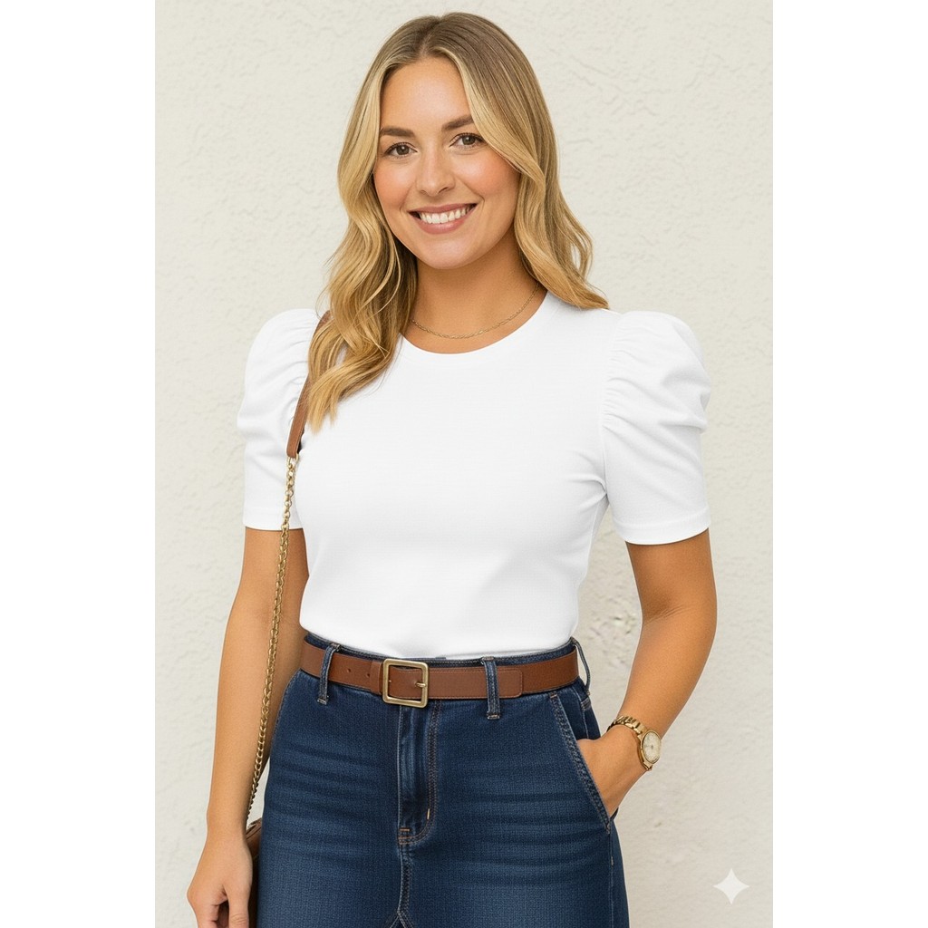 blusa feminina canelada elastano estica manga curta bufante lançamento