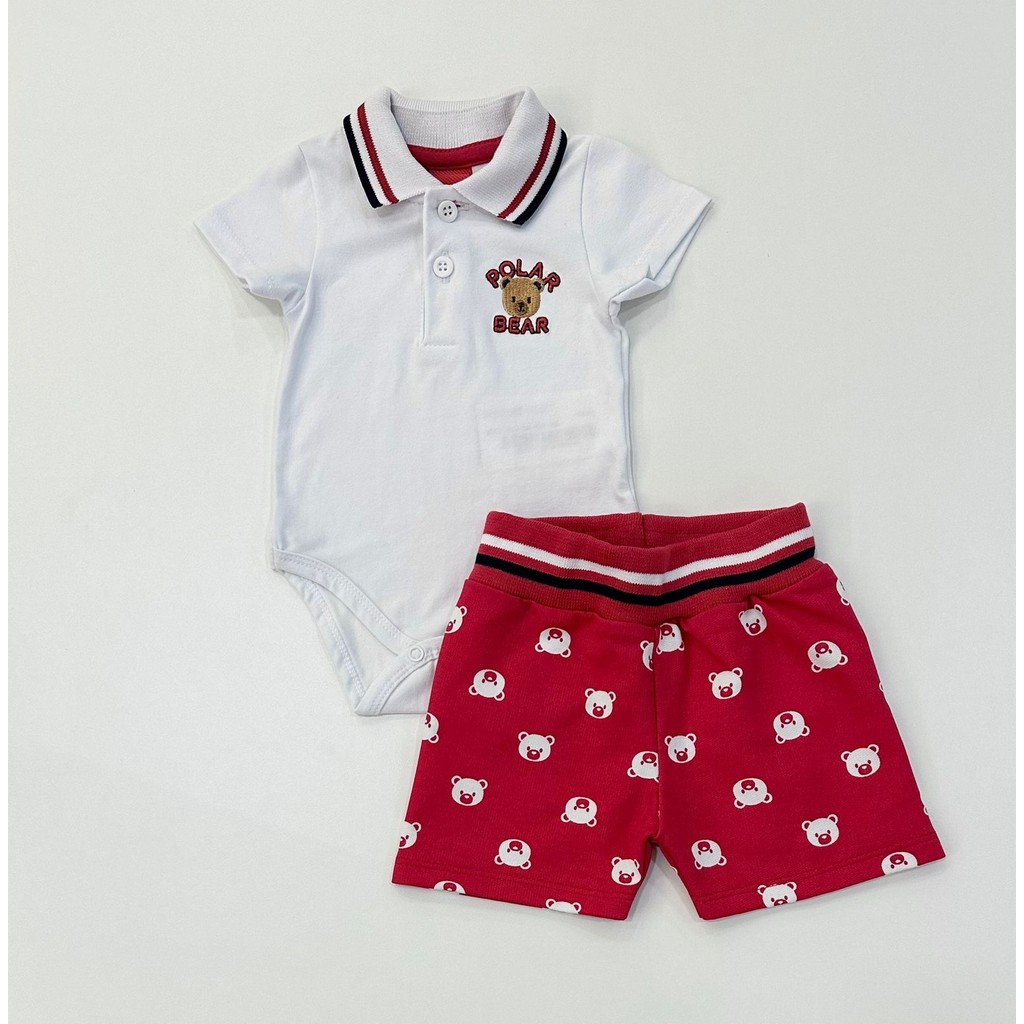 Conjunto Infantil Kyly Menino Polo Body Branco Bordado e Bermuda Vermelha ursinhos