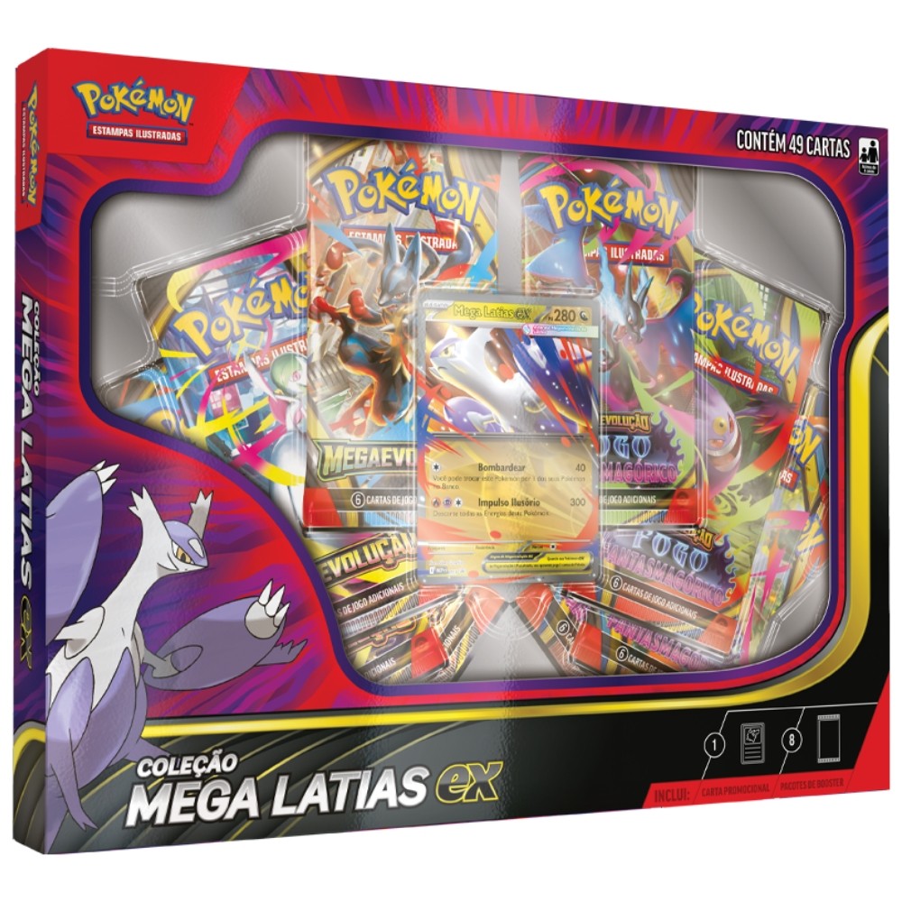 BOX POKÉMON COLEÇÃO MEGA LATIAS EX COPAG EVOLUÇÃO ME01 TCG 49 CARTAS BOOSTERS LUCARIO MEGAEVOLUÇÃO