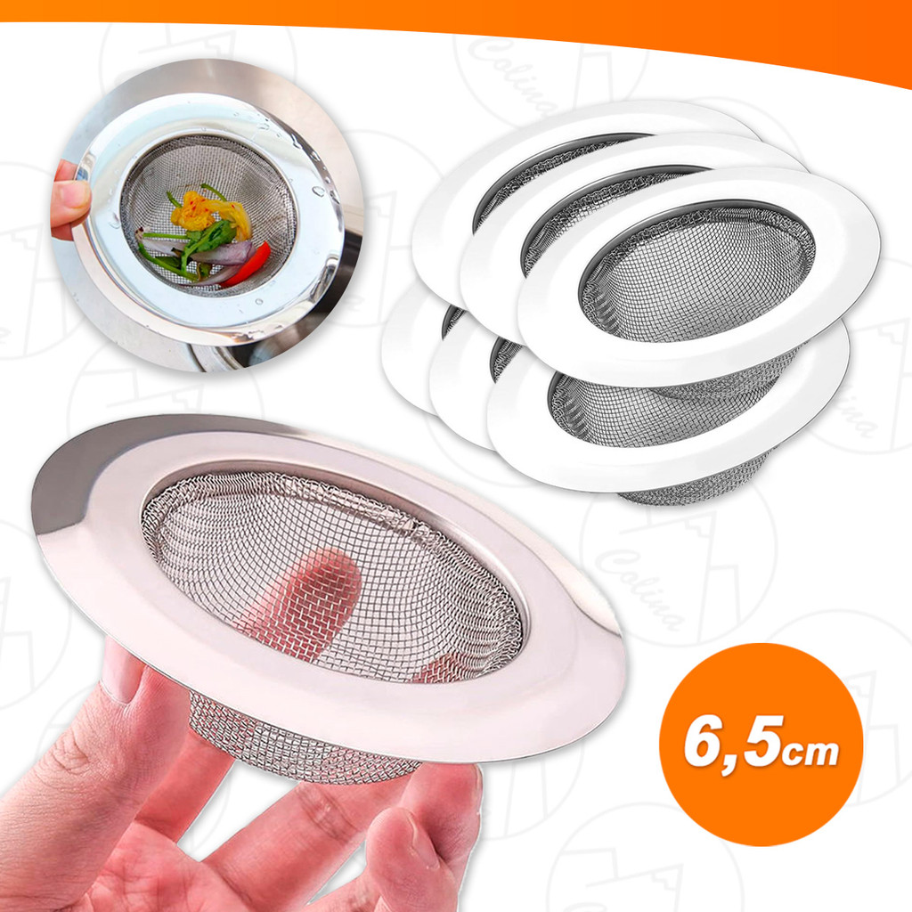 Kit De 6 Ralos De Pia De Cozinha 100% Aço Inox De 6,5cm Com Tela Resistente E Borda