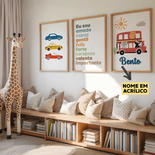 Quadro Decorativo 3 peças CARRINHOS Decoração Quarto Infantil Menino - NOME EM ACRÍLICO KSMGG23 em Oferta na Shopee