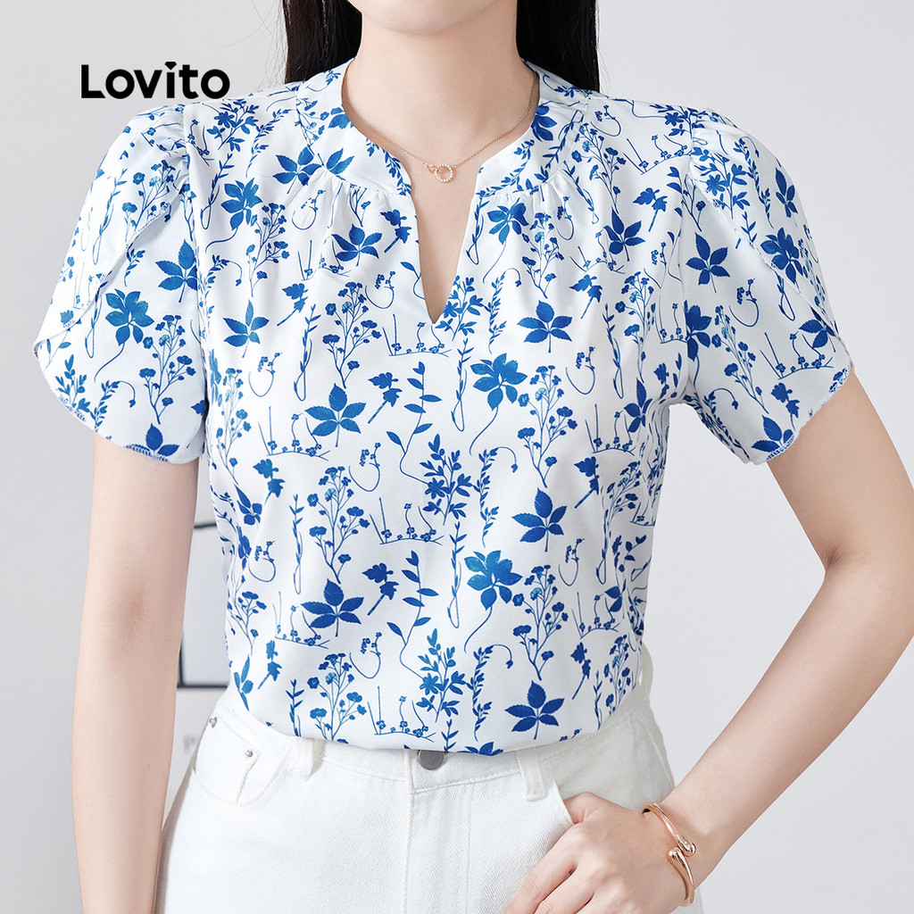 Lovito Blusa Casual Primavera/verão Azul para Mulheres L155AD1367