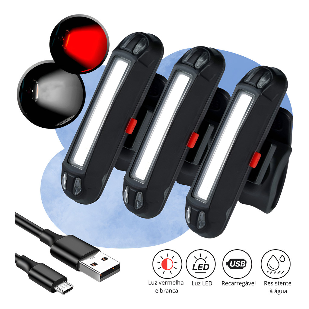 Kit 3 Lanterna Bike Traseiro Led Sinalizador Branco Vermelho Recarregável Bicicleta Preto