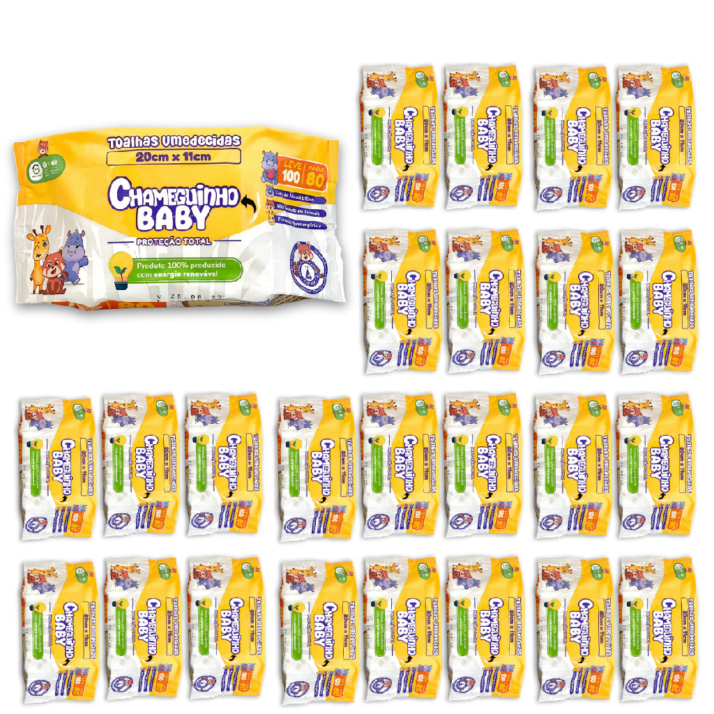 KIT 24 PACOTES CHAMEGUINHO BABY TOALHAS UMEDECIDAS LENÇO 100 FOLHAS CADA