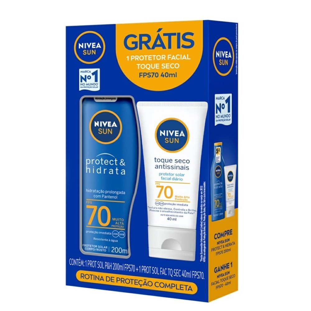 Kit Nivea Sun Protetor Solar Corporal Protect e Hidrata FPS70 200ml + Protetor Solar Facial FPS70 Toque Seco Antissinais