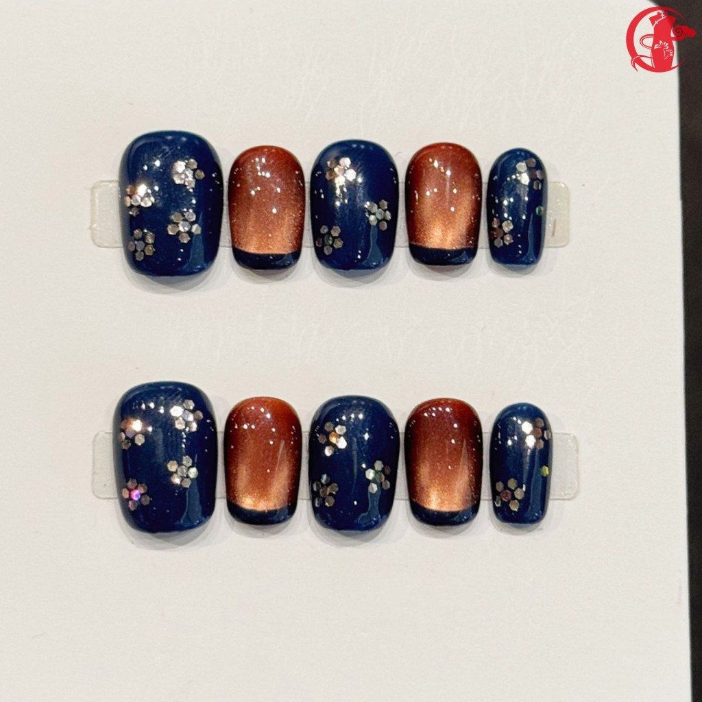 10 Peças Prensa Gradiente Curta Em Unhas Céu Estrelado Design Azul Bronze Bloco De Cores Falsas Acrílicas Para Mulheres