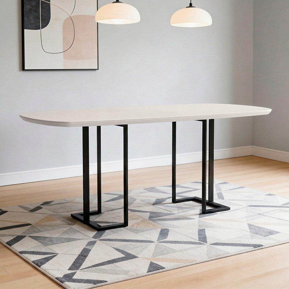 Mesa de Jantar 6 Lugares Retangular Orgânico Com Vidro 180cm Pés Industrial Alina N01 Off White Preto - Lyam Decor