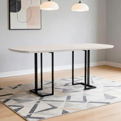 Mesa de Jantar 6 Lugares Retangular Orgânico Com Vidro 180cm Pés Industrial Alina N01 Off White Preto - Lyam Decor