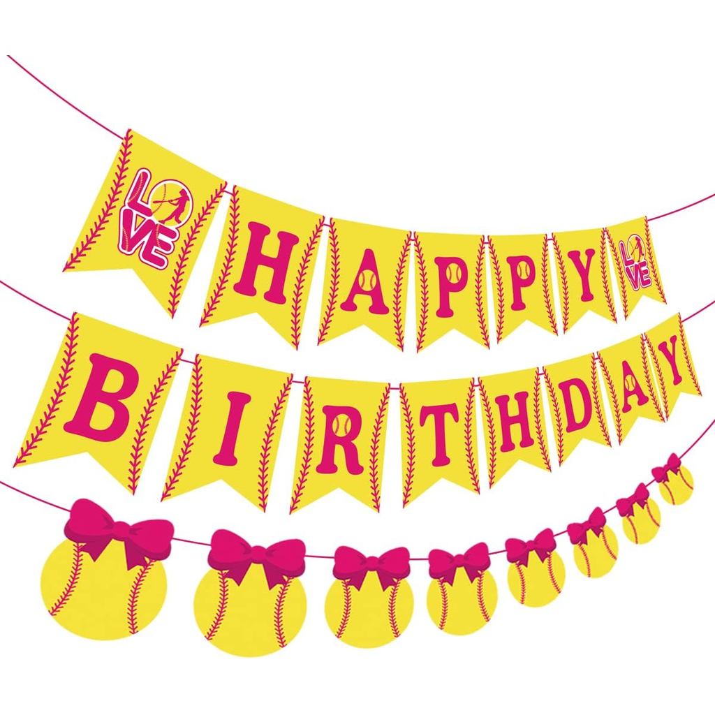 Decorações de Aniversário com Tema de Softbol para Meninas, Faixa de Feliz Aniversário, Guirlanda de Lançamento Rápido, 