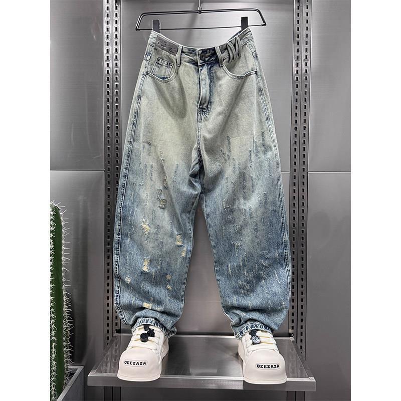 Americano gradiente rasgado Design Jeans masculino verão fino Retro lavado solto em linha reta calças de perna larga Mac