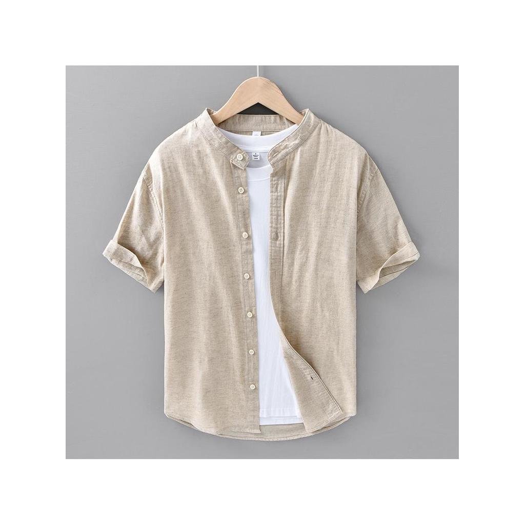 Novo estilo camisa de manga curta masculina Casual All-Match fino algodão linho gola alta camisa masculina verão respirá