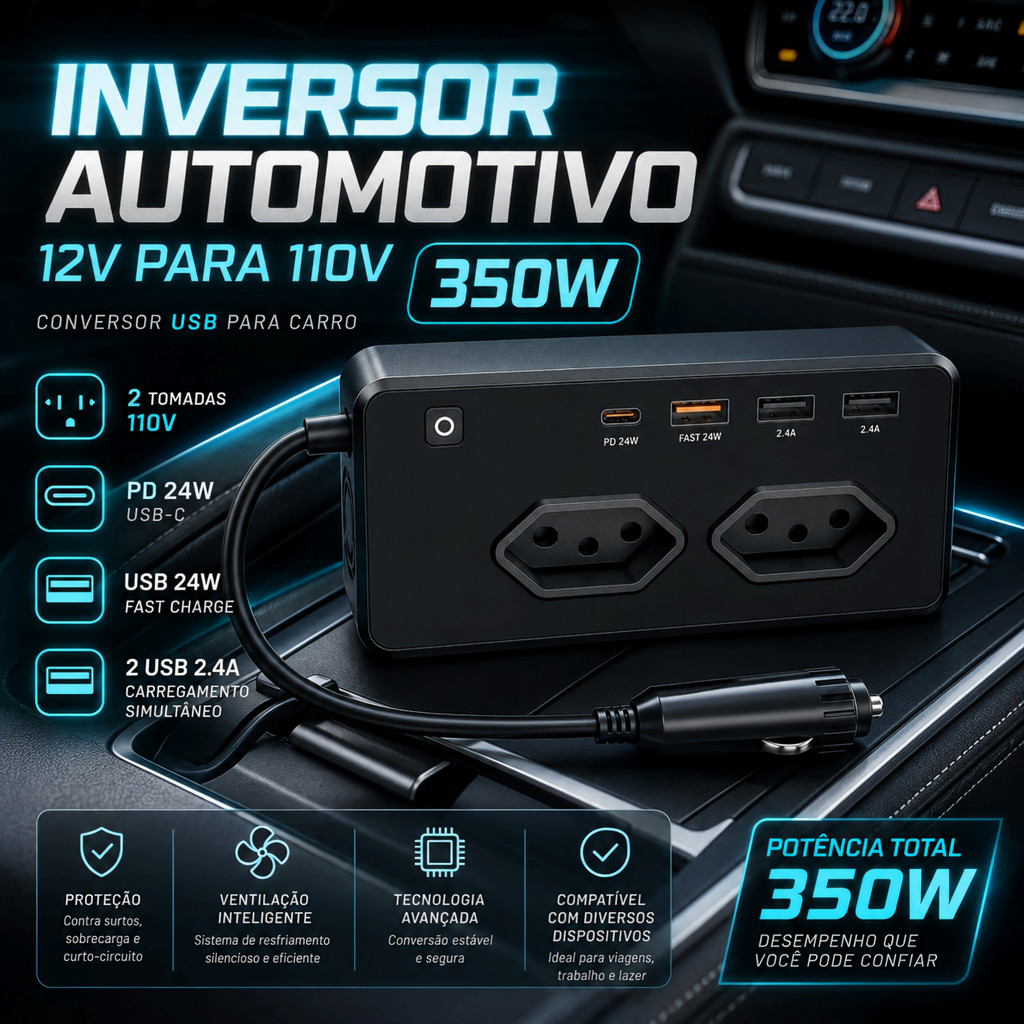 Inversor de Tensão 12V para 110V 350W Automotivo com 3 USB + USB-C e Tomada – FY-1125