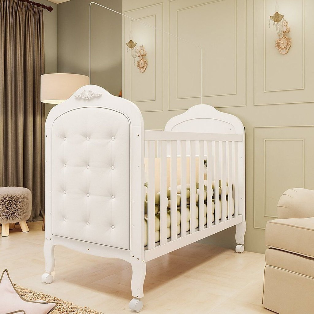 Berço Minicama 3 em 1 com Capitonê 100% MDF Maya Espresso Móveis Branco Brilho/Corino Branco Brilho