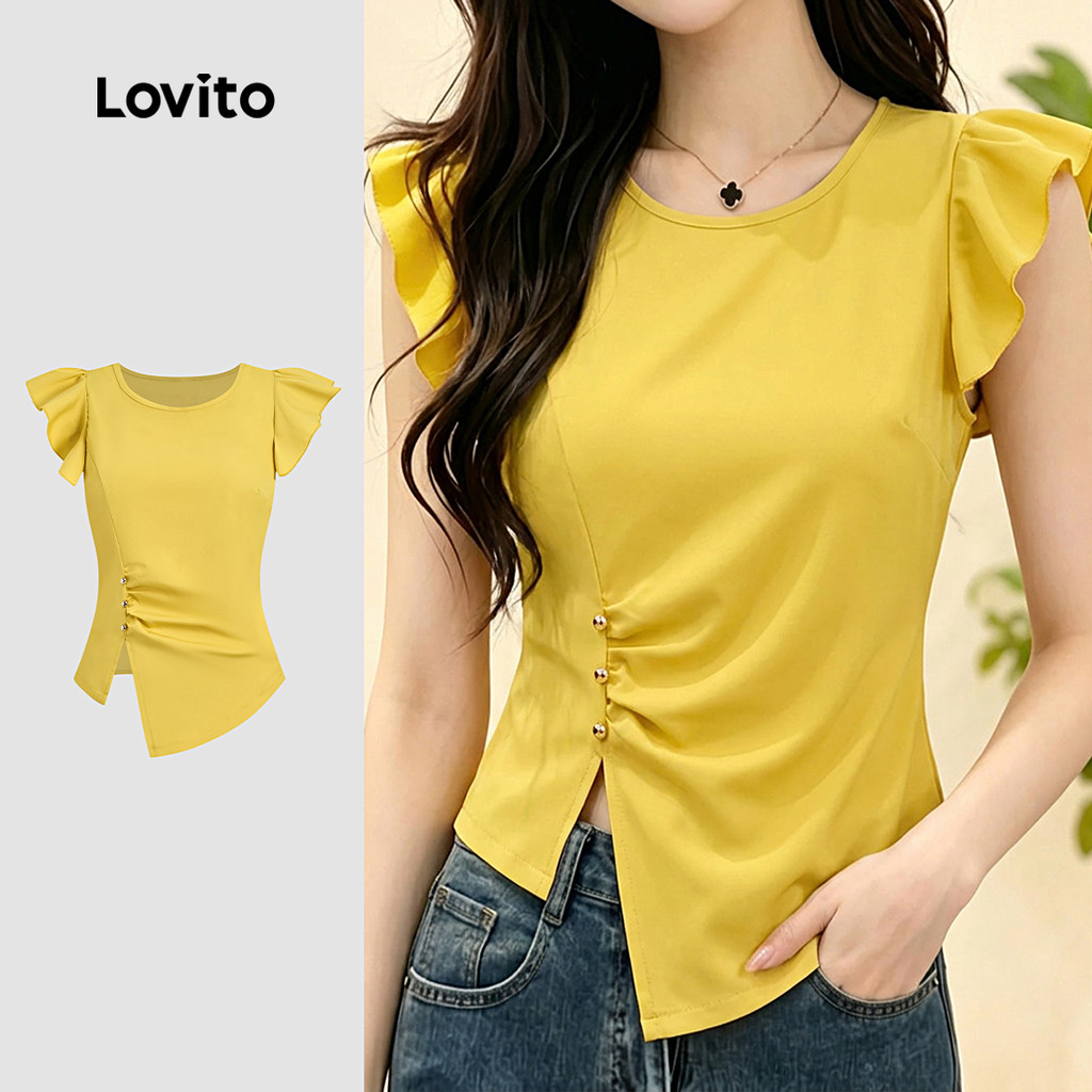 Lovito Blusa Casual Feminina com Fenda e Babados Na Frente Primavera/verão Amare