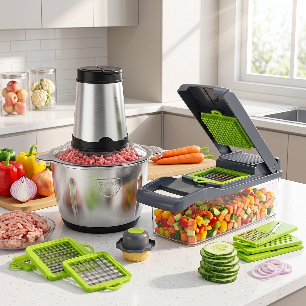 Kit Triturador de Alimentos + Cortador Multifuncional 14 em 1 Aço Inox