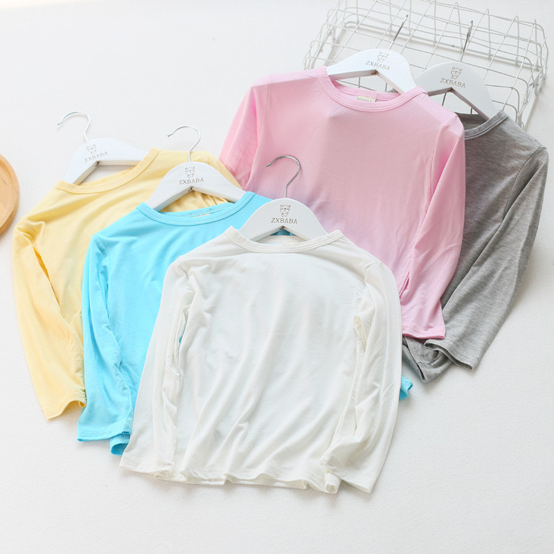Crianças primavera outono manga comprida em torno do pescoço camisa de fundo verão meninos meninas Modal fino camiseta m