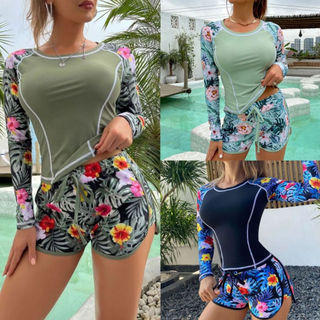 Conjunto de Roupa de Banho Feminina com Top de Manga Longa e Shorts, Proteção Solar, Estampa Floral, 2 Peças FD74