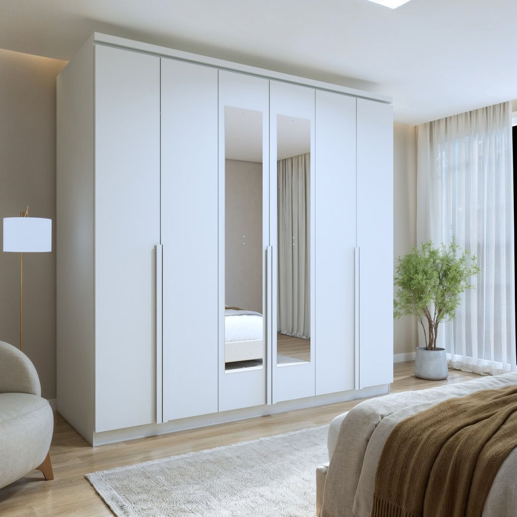 Guarda-Roupa Casal 6 Portas 4 Gavetas com Espelho 100% MDF 230cm Alonzo Branco Branco