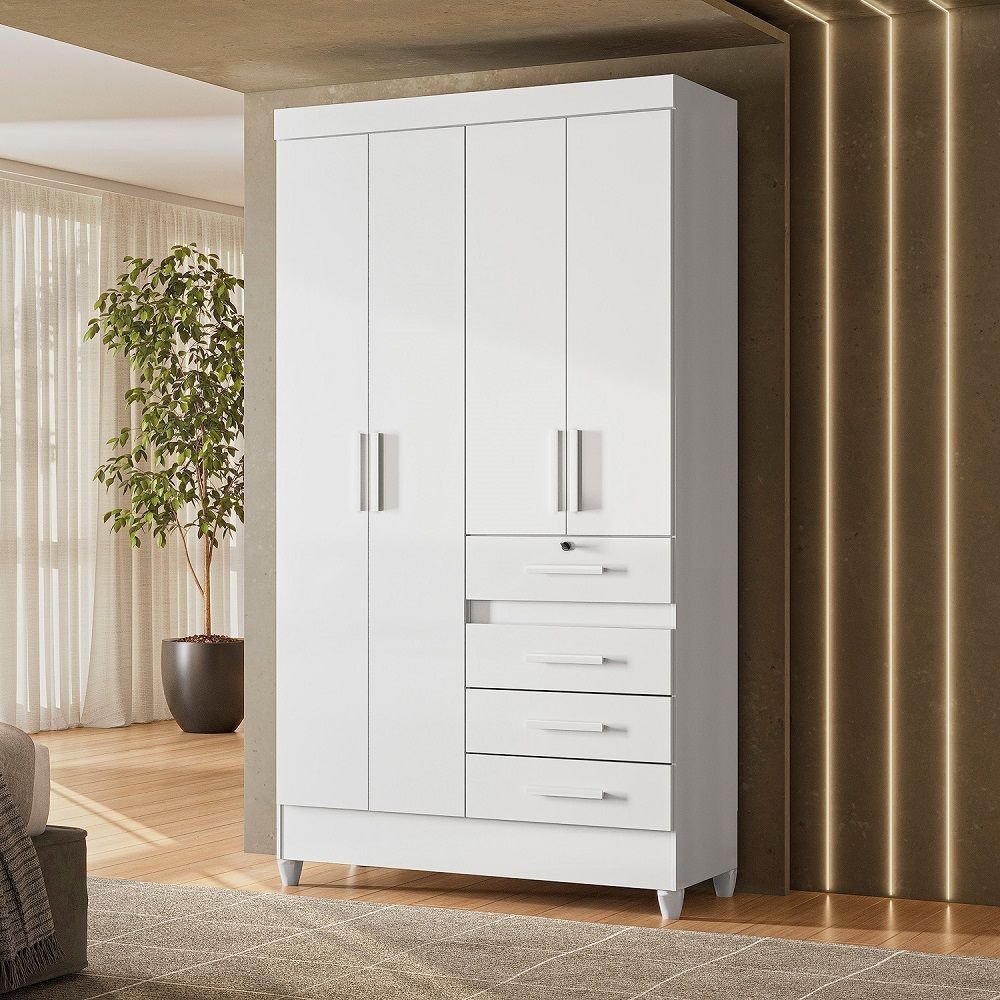 Guarda-Roupa Solteiro 4 Portas 4 Gavetas e 1 com Chave e Pés Sobral Branco/Rosa/Azul/Lilás Branco/Rosa/Azul/Lilás