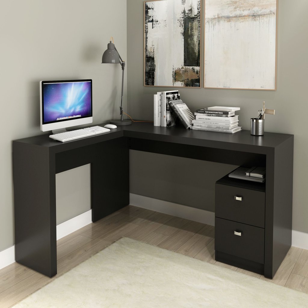Escrivaninha Mesa Escritório em L com ME4129 2 Gavetas 135,8cm Preto Preto