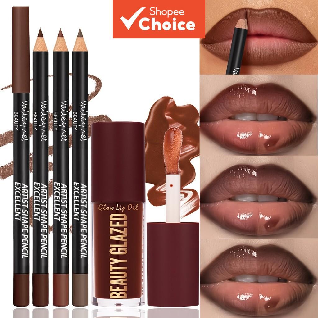 Conjunto De 4 Peças De Óleo Labial E Delineador Beauty Glazed-Lápis Fosco À Prova D'água De Longa Duração + Kit De Batom