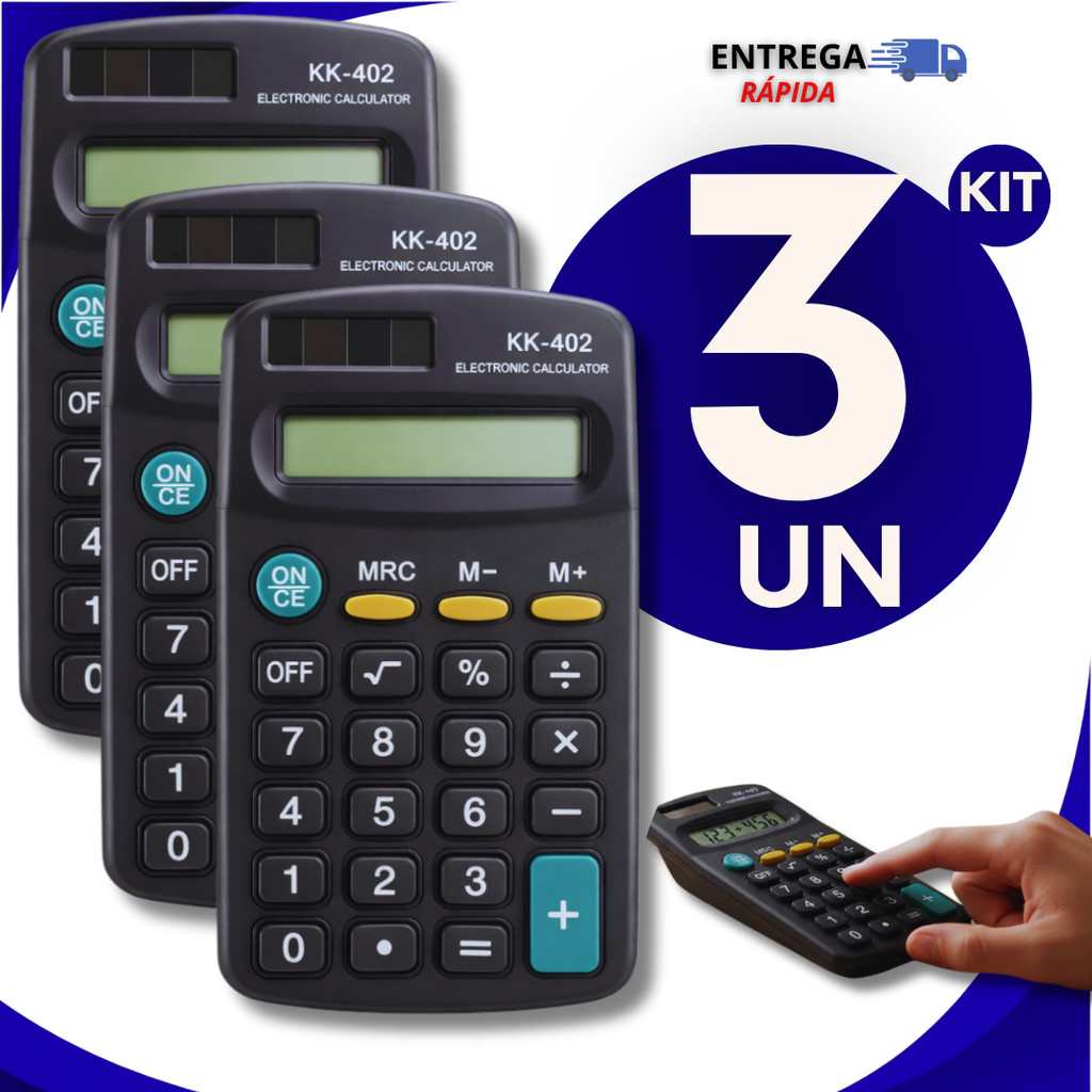 Kit 3 Calculadora Eletrônico Bolso KK-402 8 Dígitos Preto Multiuso Escritório Premium Utilidades