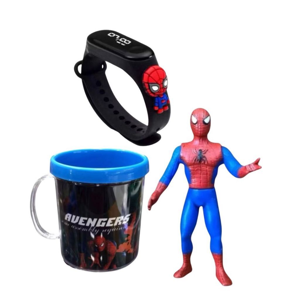 Kit 3, Boneco Homem Aranha + Relogio Digital + Caneca Personalizada