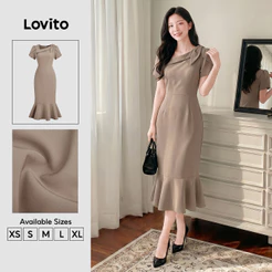 Lovito Elegante Vestido Babado Bainha Assimétrica Textura Primavera/verão Caqui para Mulheres LK4AD395