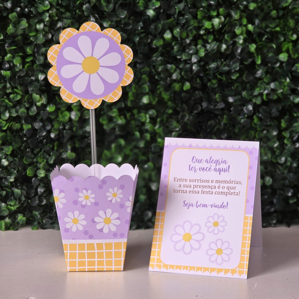 Centros de mesa + Plaquinhas MARGARIDAS LILÁS para festa infantis lembrancinhas de aniversario decoração personalizados