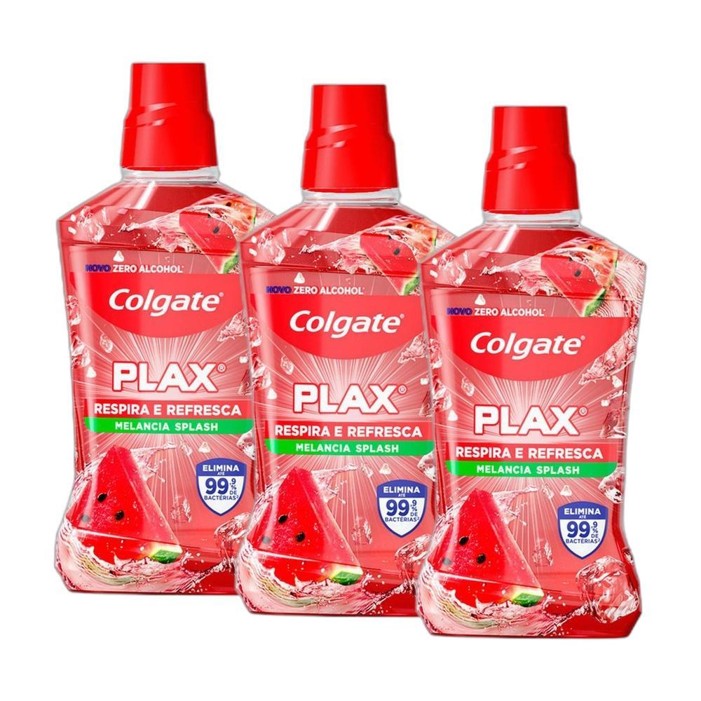 Kit 3 Enxaguantes Bucais Colgate Plax Zero Álcool Melancia Respiro e Refresca 500ml cada