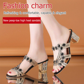 [Design Sofisticado] Women Sandals Rhinestone Hollow Out Thick Heel Slippers Sandálias Elegantes/Rasteiras Femininas/Chi