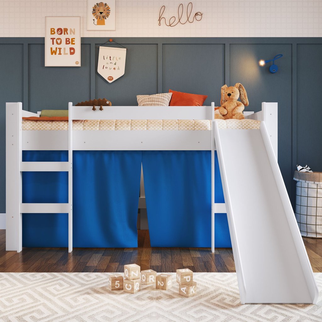 Cama Infantil Elevada com Escorregador e Cortina Branco/Azul Branco/Azul