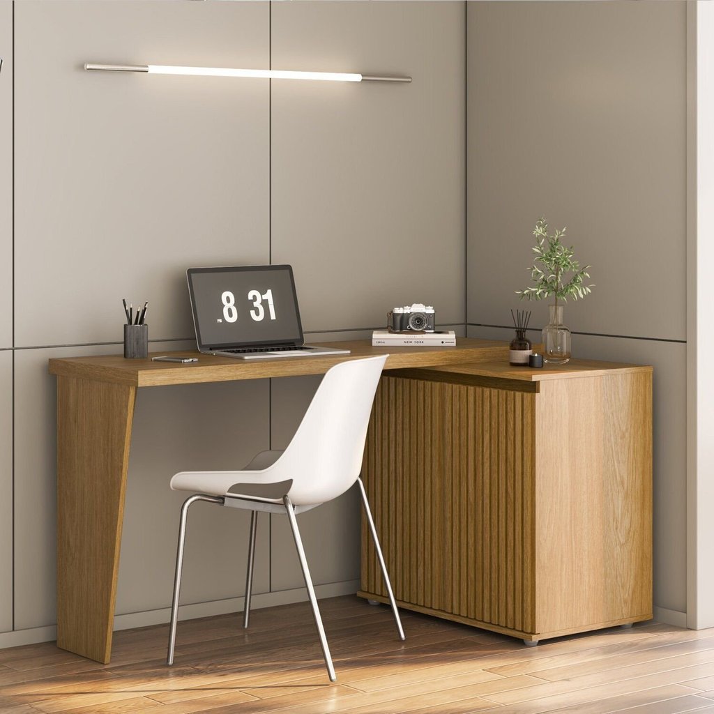Mesa para Escritório Extensível em L ou Reta Ripado Milão Yescasa 2 Portas 180cm MDF Marrom/Carvalho Carvalho