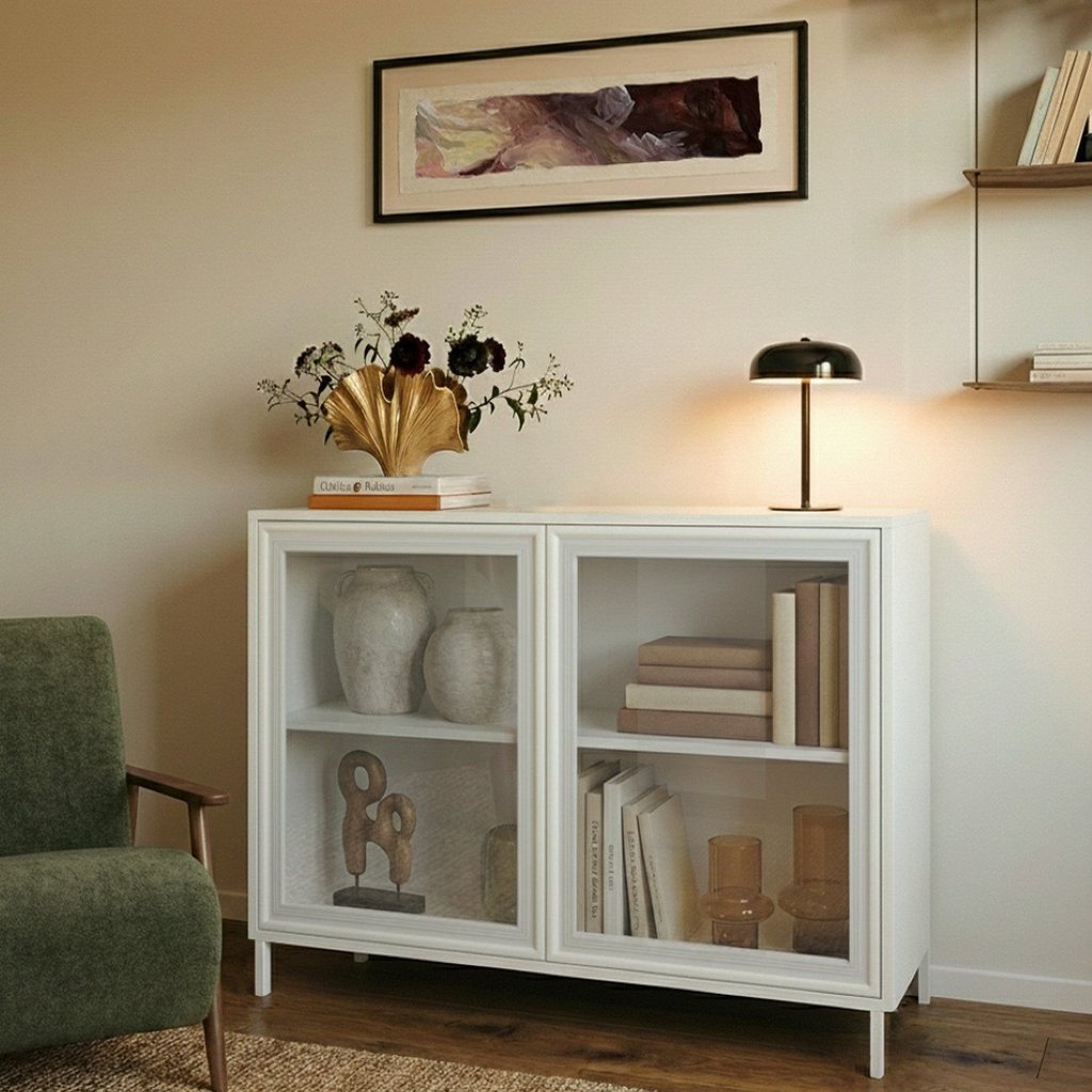 Balcão Aparador 2 Portas de Vidro 1 Prateleira Branco Branco