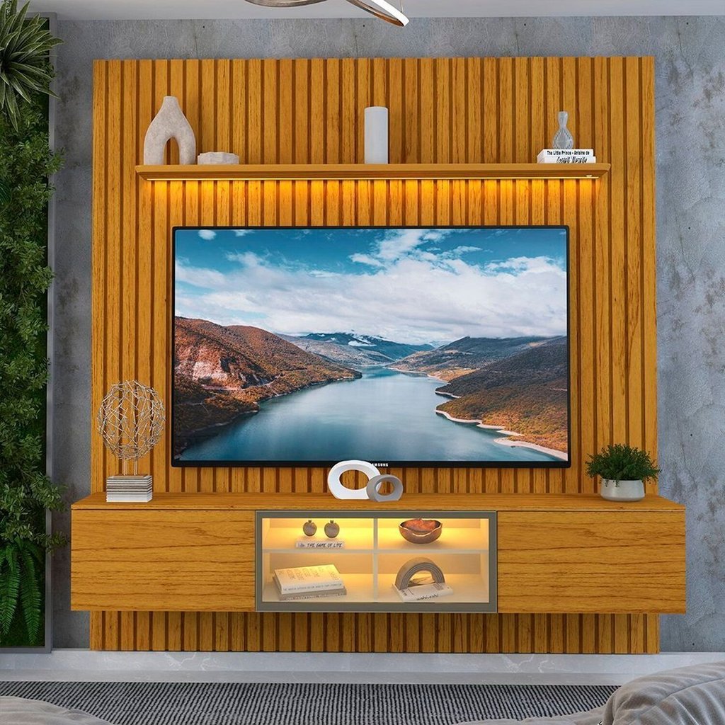 Estante e Home Theater Ripado para TV até 84 Polegadas 100% MDF 228,8cmx217cm Ripada 3 Portas com Led Nobre Clean