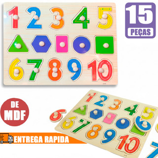 Tabuleiro Educativo de Madeira Números e Formas Geométricas Encaixe Brinquedo Pedagógico Infantil