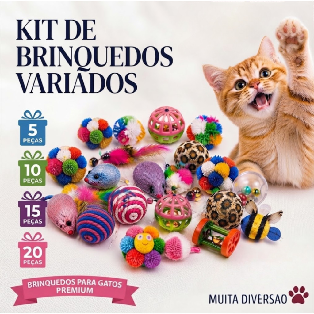 Kit 5/10/15/20 Brinquedos Para Gatos Sortidos Bolinhas Ratinho Mola Pom Pom Interativo Anti Tédio Pet